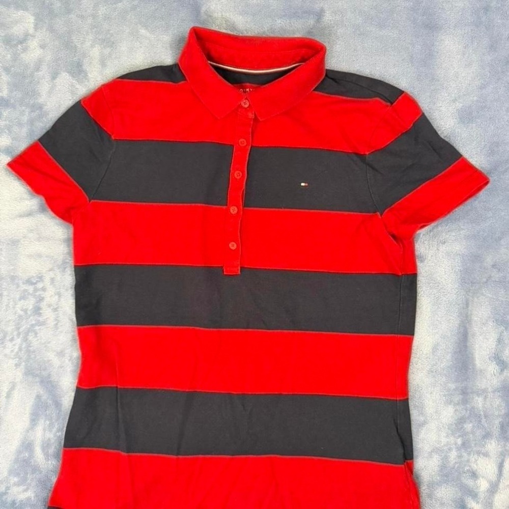 Tommy Hilfiger red and black striped polo shirt women Size S